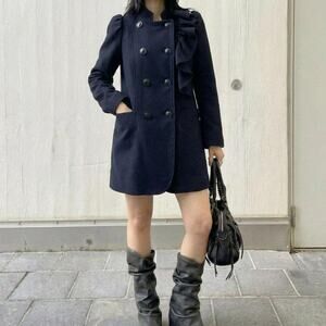 90s Vamp Navy Wool Blend Pea Coat Ruffle Napoleon Soldier Style